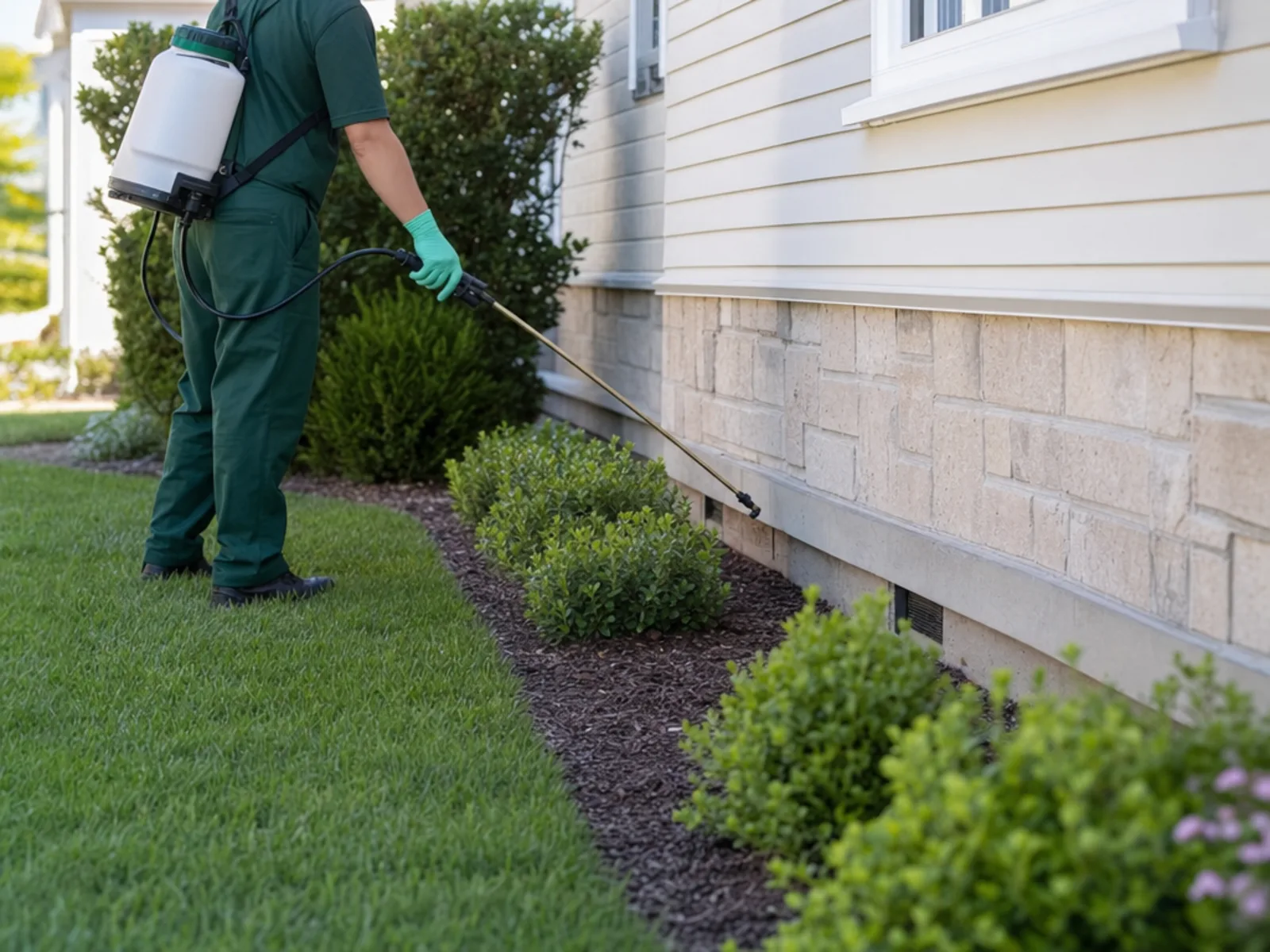 Technician applying a perimeter pest barrier treatment along a home foundation